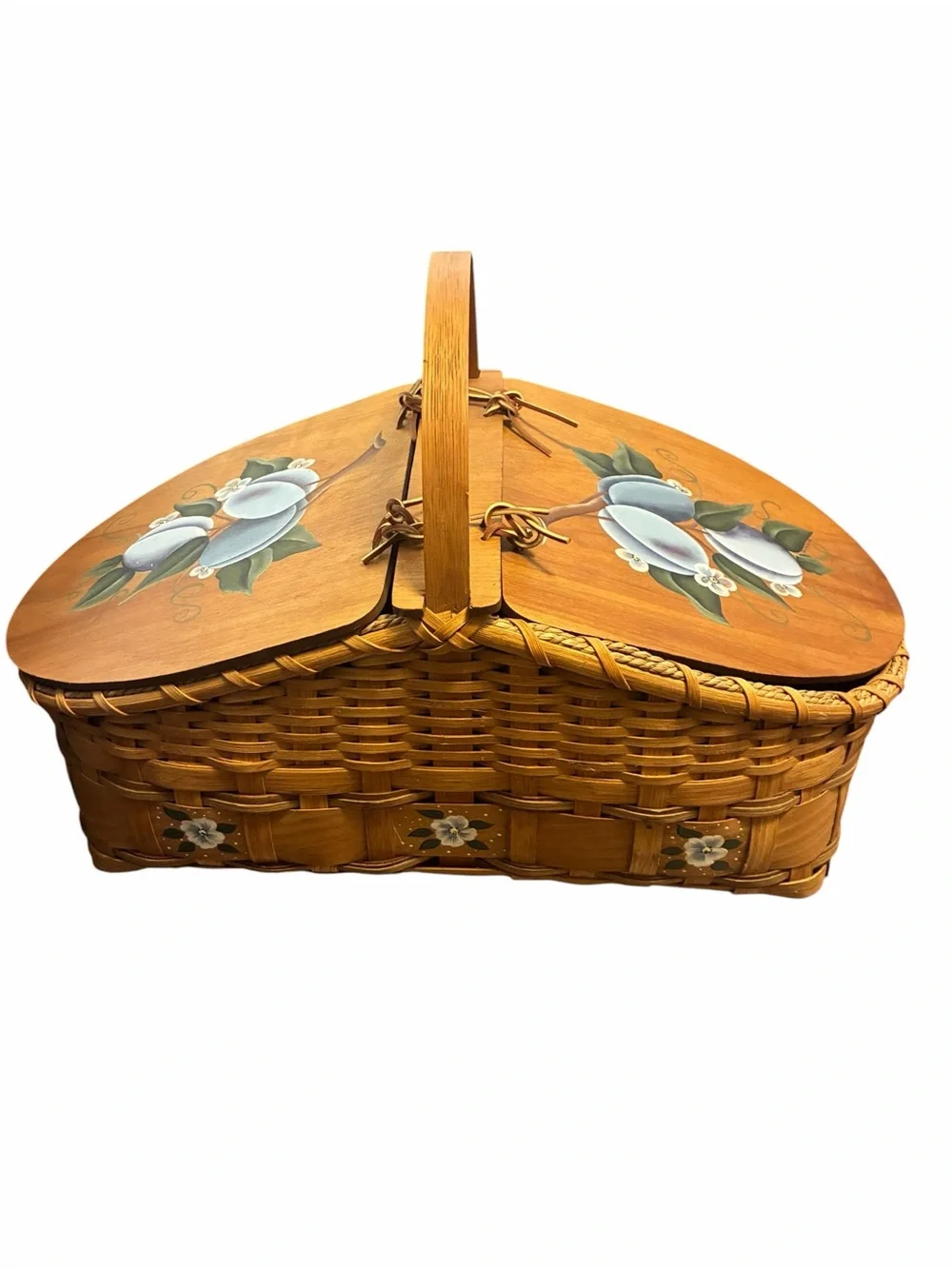 Vintage Hand Painted Plum Floral Woven Wood Double Lid Picnic Basket Brown Large